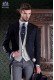 Italian tailoring frock coat 2 pieces, with elegant cut "Slim". Satin fabric in navy wool blend pants and label.