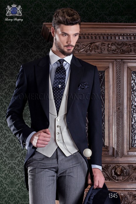 Italian tailoring frock coat 2 pieces, with elegant cut "Slim". Satin fabric in navy wool blend pants and label.