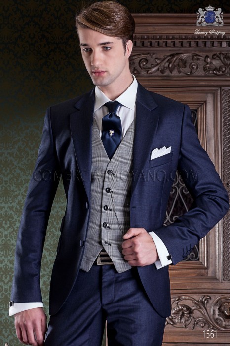Italian tailoring suit 2-piece, elegant cut "Slim" Match Girl pocket and two buttons. Fil a fil fabric navy pure wool.
