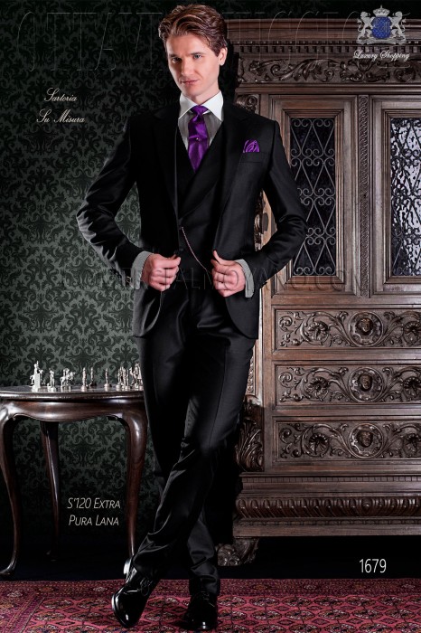 Italian tailoring suit stylish cut "Slim" two buttons. 100% wool fabric in black color.