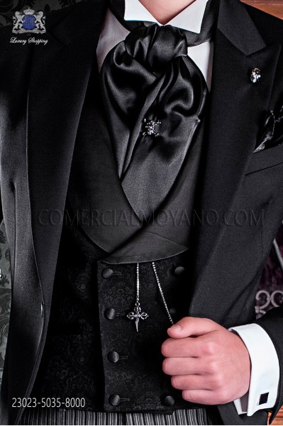 Groom double breasted waistcoat Italian tailoring, 8 button. Black brocade fabric.