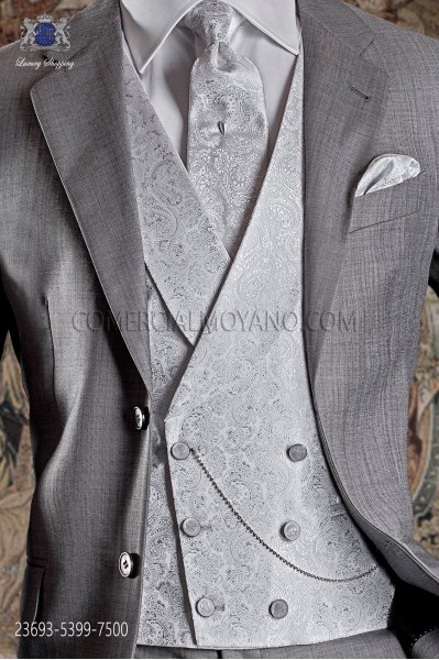 Marié à double breasted gilet couture italienne. Perle brocart gris, 6 boutons.