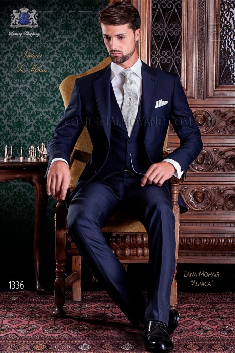 Italian tailoring suit stylish cut "Slim" two buttons. Blue alpaca wool fabric.
