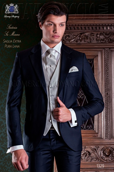Italian tailoring suit 2-piece, elegant cut "Slim" Match Girl pocket and two buttons. Cool blue wool fabric.