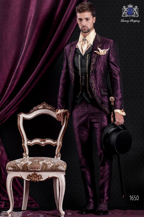 Groomswear Baroque. Suit coat black vintage fabric with gold embroidery yarns maroon brocade.
