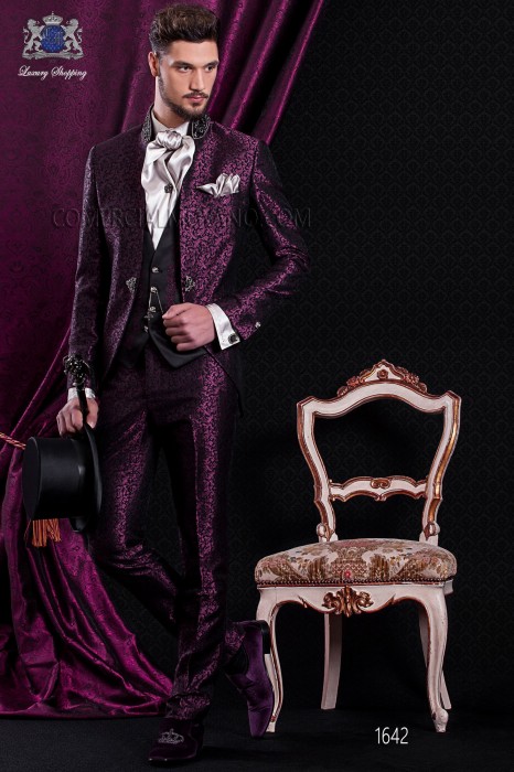 Groomswear Baroque. Suit coat black vintage fabric with mandarin collar and rhinestone garnet brocade.