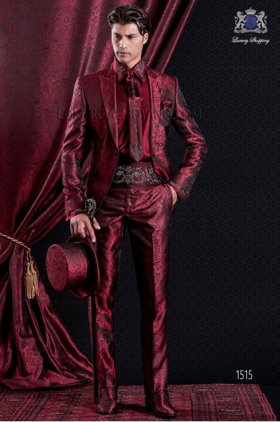 Groomswear Baroque. Suit coat in vintage red and black Jacquard tipped lapels.