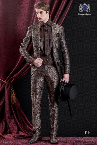 Groomswear Baroque. Vintage suit coat in brown and gold jacquard fabric with pointed lapels.
