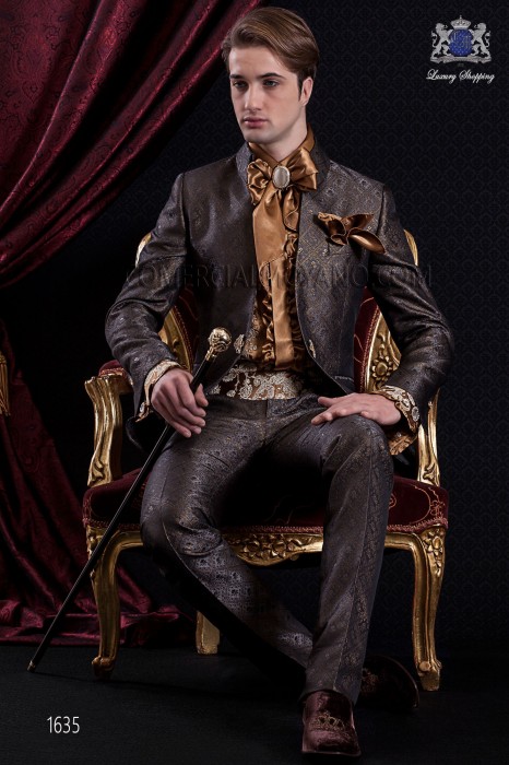 Groomswear Baroque. Suit coat of gray-time gold brocade fabric.