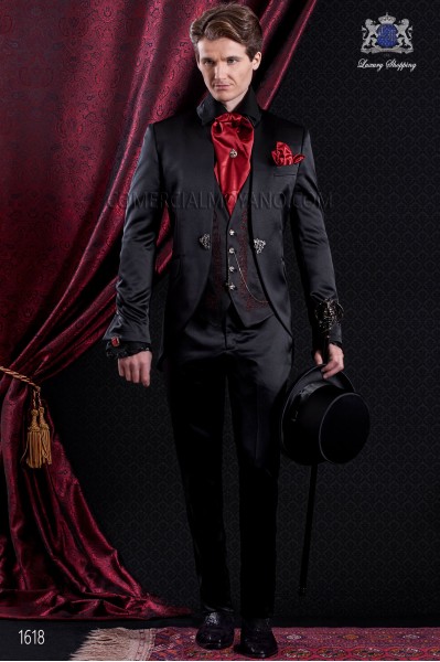 Groomswear Baroque. Vintage costume satin coat black fabric with neck Napoleon