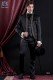 Groomswear Baroque. Vintage suit coat black satin fabric with mandarin collar and rhinestones.