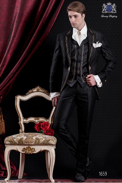 Costume de marié baroque. Veste Vintage brocart noir tissu avec de la broderie or.