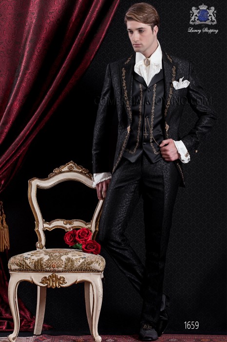 Groomswear Baroque. Vintage suit coat black brocade fabric with gold embroidery.