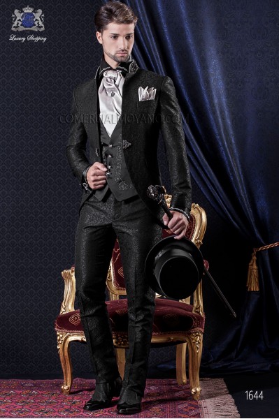 Groomswear Baroque. Vintage suit coat black brocade fabric with mandarin collar.
