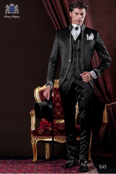 Groomswear Baroque. Suit coat of time spinning black satin with silver embroidery.