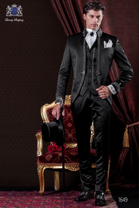 Groomswear Baroque. Suit coat of time spinning black satin with silver embroidery.