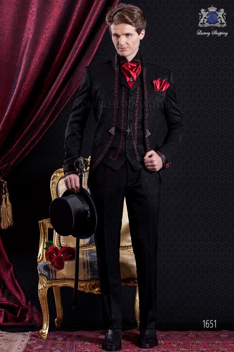 Costume de marié baroque. Veste Vintage brocart noir tissu avec col mandarin.