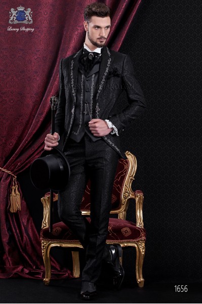 Groomswear Baroque. Vintage suit coat black brocade fabric with silver embroidery.