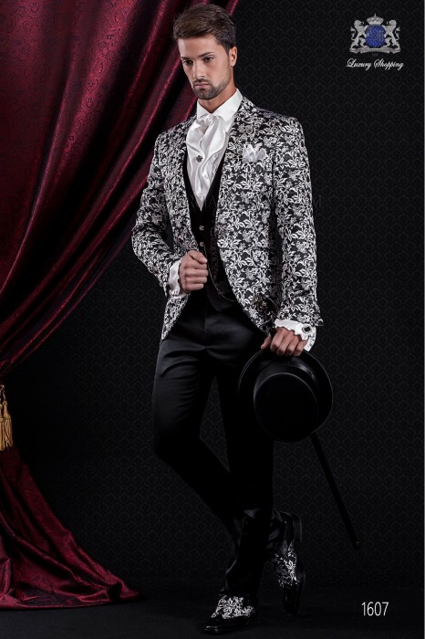 Costume de marié baroque. Amérique manteau vintage tissu noir / blanc brocart floral. Pantalon de satin noir.