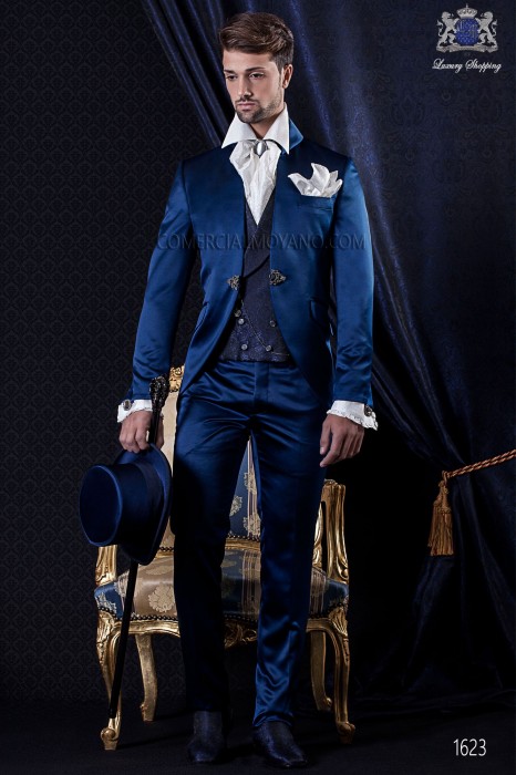 Groomswear Baroque. Levita satin vintage fabric with blue turtleneck and fantasy brooch.