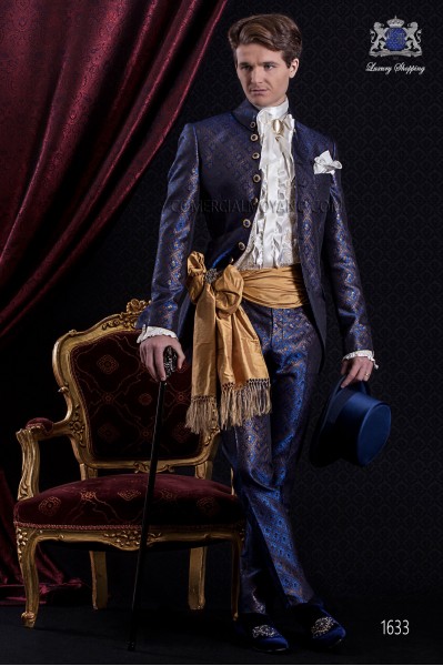 Groomswear Baroque. Frock coat vintage blue brocade fabric with 7 buttons fantasy.