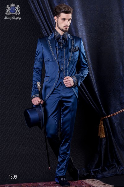 Groomswear Baroque. Levita vintage blue satin fabric with silver embroidery.