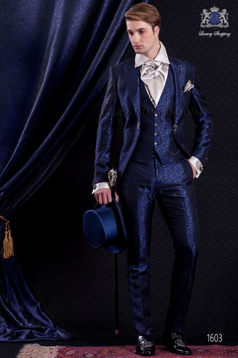 Groomswear Baroque. Levita vintage blue black brocade fabric and fantasy brooch.