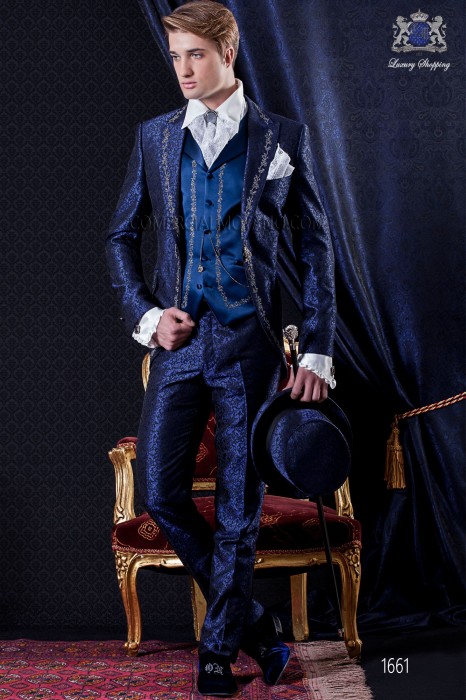 Groomswear Baroque. Levita vintage black fabric with embroidered blue and silver brocade.