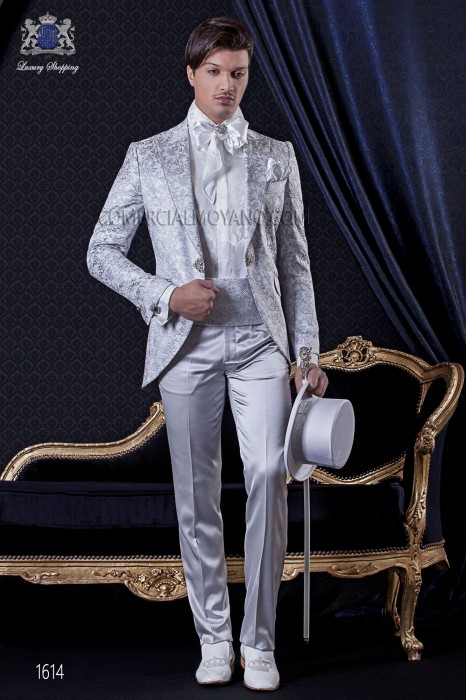 Groomswear Baroque. Levita vintage floral brocade fabric pearl gray satin pants combined with pearl gray.