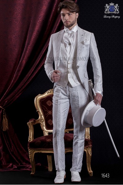 Groomswear Baroque. Vintage suit coat pearl gray brocade fabric with brooch fantasy.
