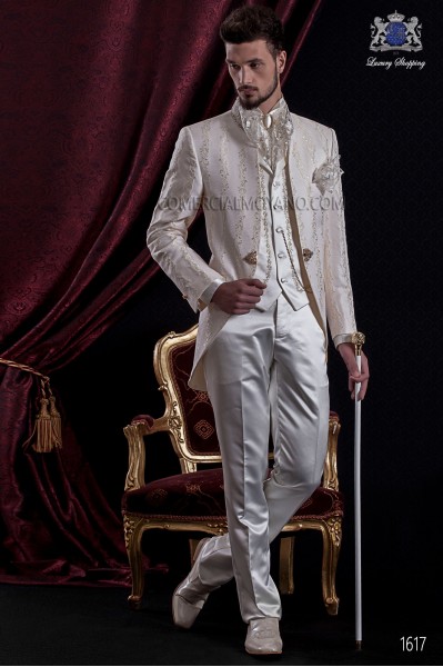 Groomswear Baroque. Suit coat vintage ivory brocade fabric with mandarin collar of precious stones.