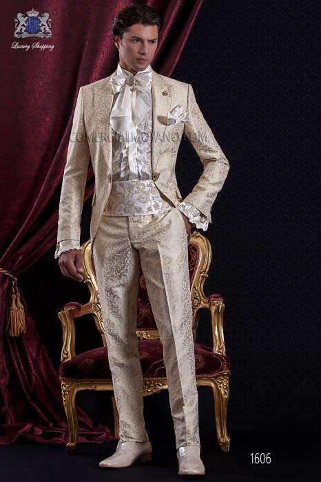 Groomswear Baroque. Suit coat vintage gold brocade fabric with brooch fantasy.