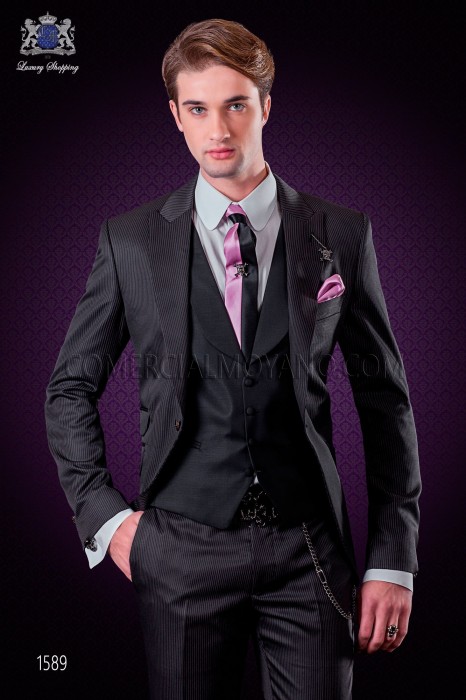 Italian fashion suit modern style "Slim" with peak lapels and one button. Diplomatic black stripe fabric design.