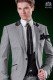 Italian fashion suit with modern cut "Slim" peak lapels and one button. Gray stretch wool fabric.