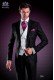 Italienischer Hochzeitsanzug mit Schmal geschnittener, Schwarz, aus Acetat Wolle. Spitz-Mode-Rever mit Kontrast-Blenden