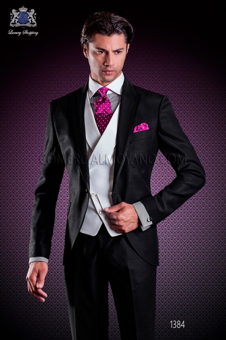 Italian wedding suit Slim stylish cut. Peak lapel with single patterned button closure and contrast fabric piping. 