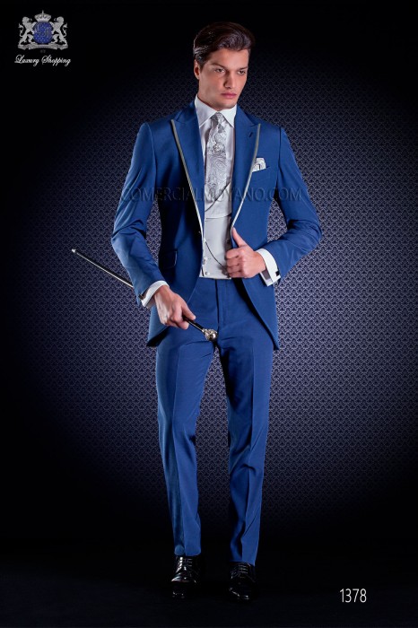 Veste de costume de marié demi-tight bleu de coupe élégante Slim, en acétate laine bleu. 