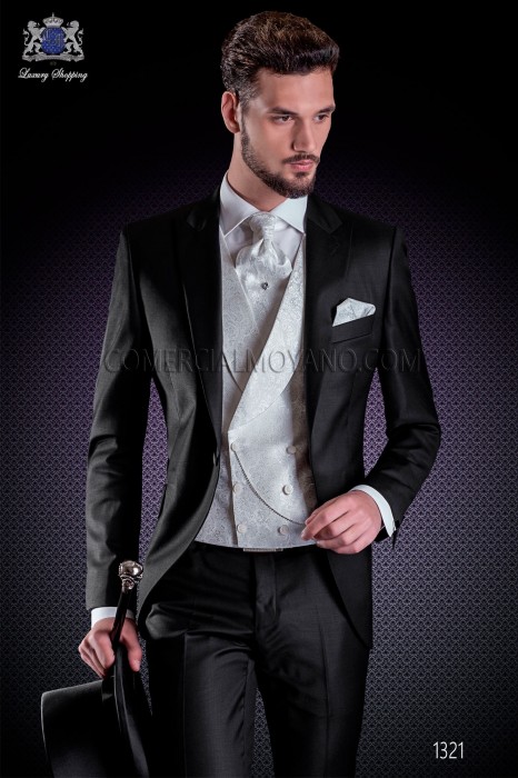 Italian wedding suit Slim stylish cut, made from black satin 100% wool fabric.