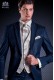Italian wedding suit Slim stylish cut, made from false plain fabric in blue with peak lapel with contrast fabric piping