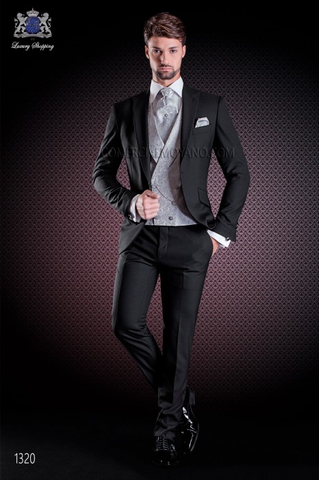 Veste de costume de marié noir de coupe élégante Slim, en laine satiné noir. Revers en pointe avec bords contrastants