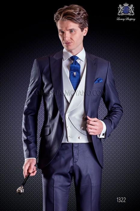 Italian wedding suit Slim stylish cut, made from Tasmanian pure wool fabric in blue with peak lapel and single button closure