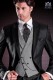 Italienischer Hochzeitsanzug mit Schmal geschnittener, Schwarz, aus Wollesatin. Spitz-Mode-Rever mit ein bezogene Knöpfe
