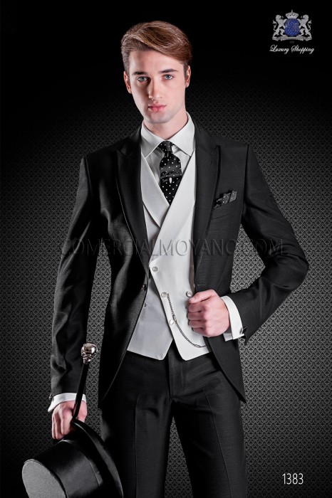 Veste de costume de coupe élégante Slim, en acétate laine noir. Revers en pointe avec bords contrastants et un seul bouton