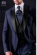 Italian wedding suit with slim stylish cut, with peak lapel and single patterned button closure. Wool and acetate fabric in blue
