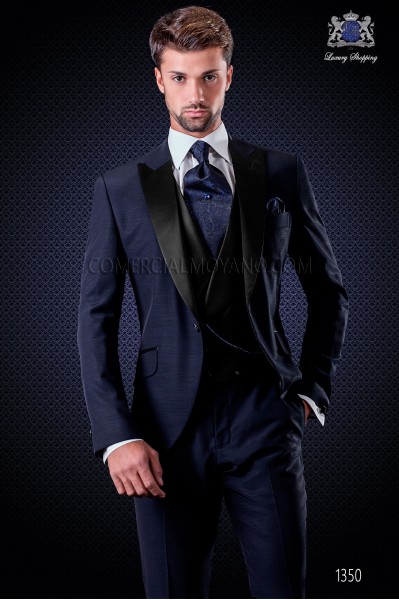 Italian wedding suit with slim stylish cut, with peak lapel and single patterned button closure. Wool and acetate fabric in blue