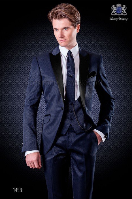 Italian wedding suit with slim stylish cut, with peak lapel and single patterned button closure