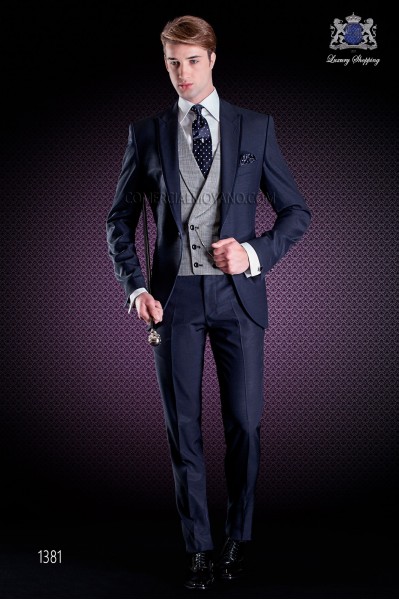 Italian wedding suit with slim stylish cut, made from wool and acetate fabric in blue.