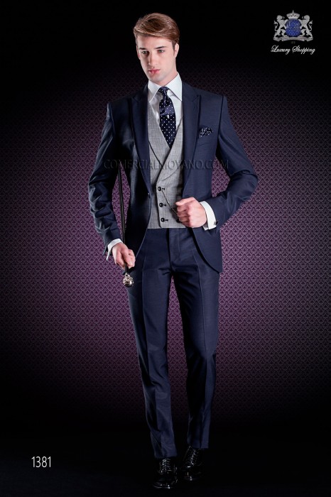 Italian wedding suit with slim stylish cut, made from wool and acetate fabric in blue.