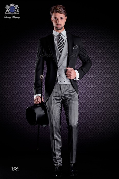 Italian short-tailed wedding suits with slim stylish cut, peak lapel with contrast fabric piping and single patterned button. 