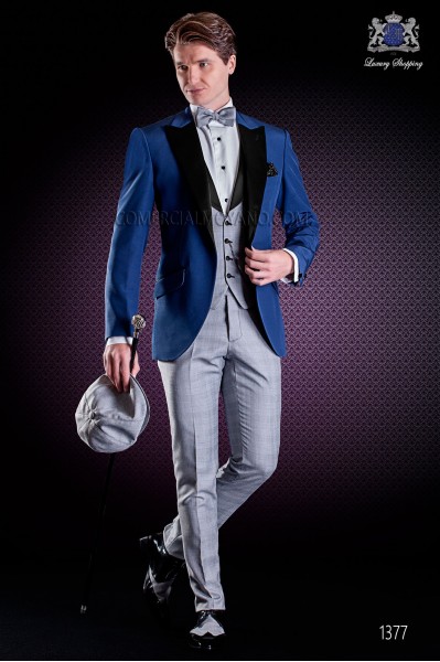 Italian wedding suit with Slim stylish cut. Formal jacket in blue and pants made from Prince of Wales fabric